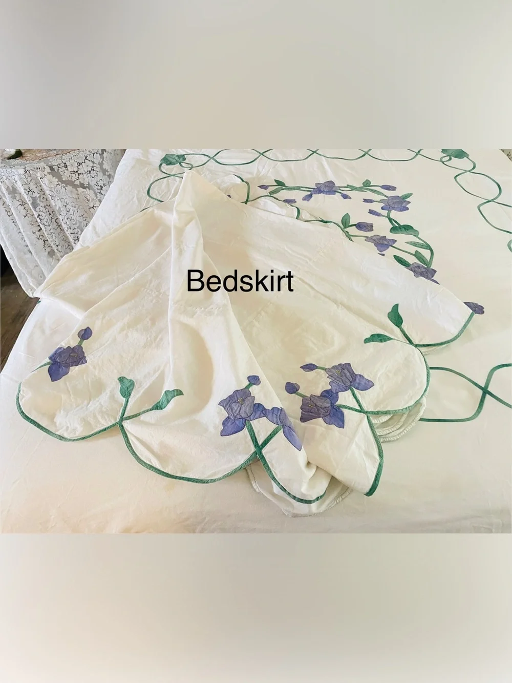 Vintage Duvet Sham Bedskirt Set Purple Iris Appliqué w Green Trellis Twin Sz